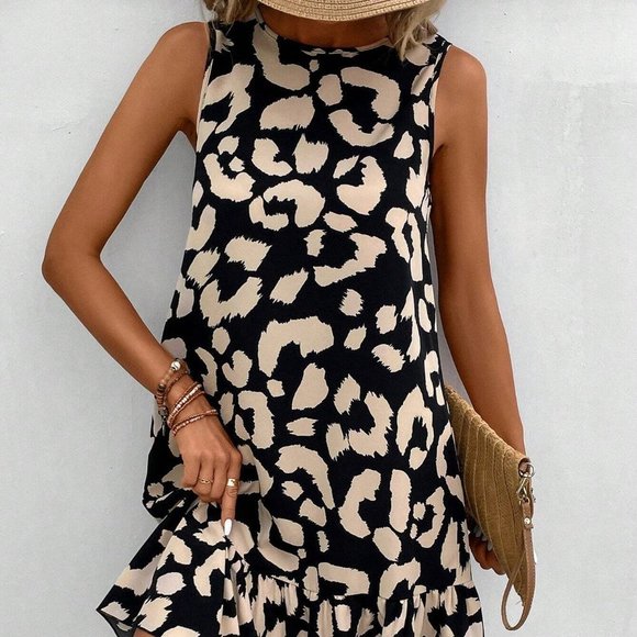 Leopard Print Tie Back Ruffle Hem Smock Dress Black - Picture 3 of 5